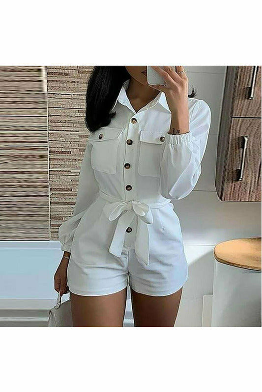 Women Long Sleeve Button Down Turn Down Collar Bodysuit Sashes Slim Rompers Elegant Summer Workwear