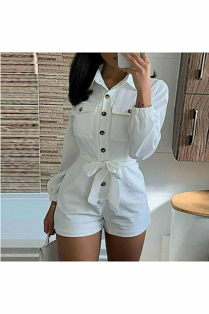 Women Long Sleeve Button Down Turn Down Collar Bodysuit Sashes Slim Rompers Elegant Summer Workwear