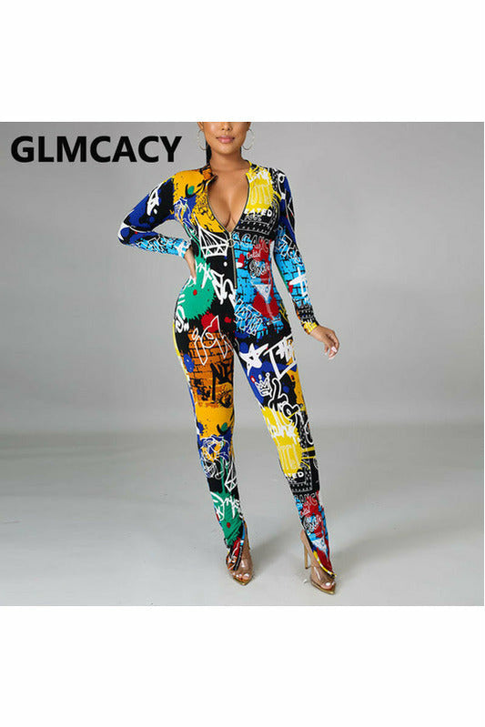 Women Long Sleeve Graffiti Printed Slim Jumpsuit Zipper Front Overalls