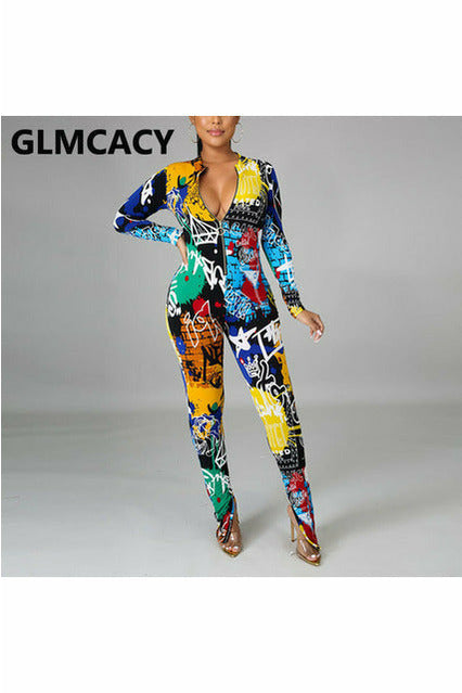 Women Long Sleeve Graffiti Printed Slim Jumpsuit Zipper Front Overalls
