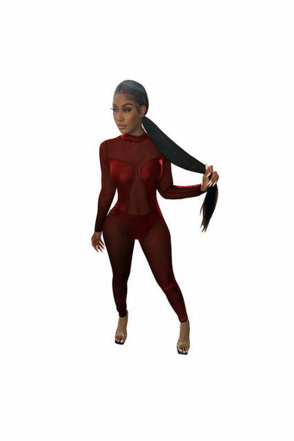 PU Leather Patchwork Mesh Jumpsuit for Women Bodycon Romper Long Sleeve See-through Night Out Club Party Jumpsuit Body Overalls
