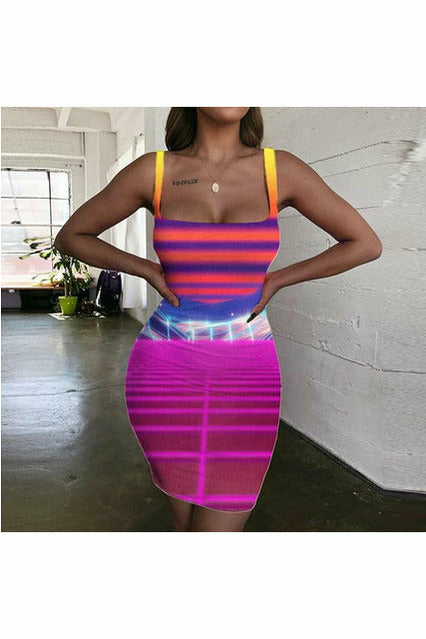 ARTNSOUL™ - Sexy Zebra Print Strap Dress - Neon Lights Bodycon Dress