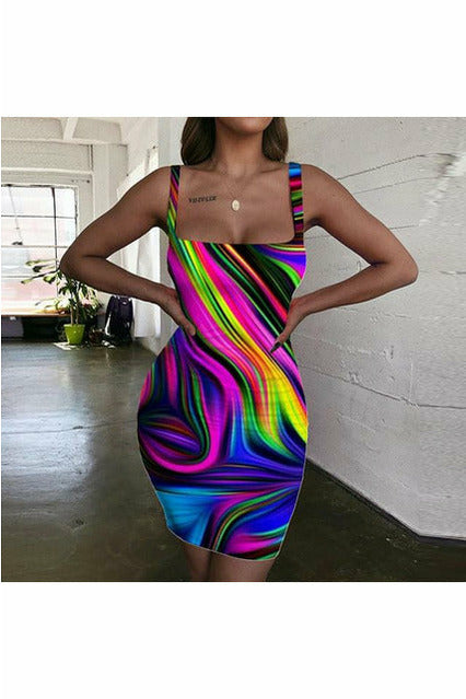 ARTNSOUL™ - Sexy Zebra Print Strap Dress - Neon Lights Bodycon Dress