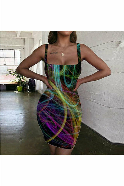 ARTNSOUL™ - Sexy Zebra Print Strap Dress - Neon Lights Bodycon Dress