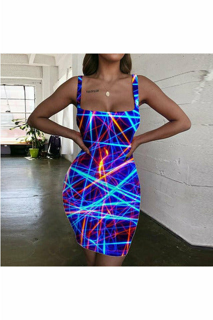 ARTNSOUL™ - Sexy Zebra Print Strap Dress - Neon Lights Bodycon Dress
