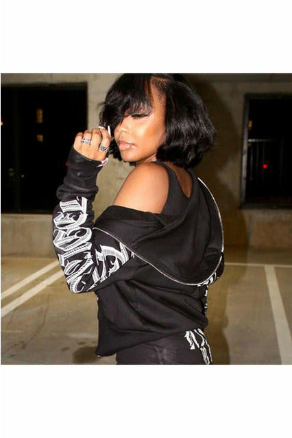 Zipper Letter Print Hooddies Casual