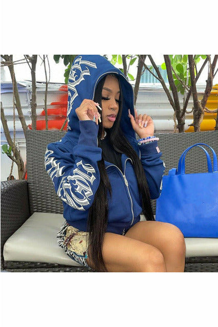 Zipper Letter Print Hooddies Casual