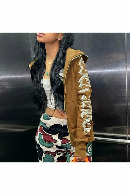 Zipper Letter Print Hooddies Casual
