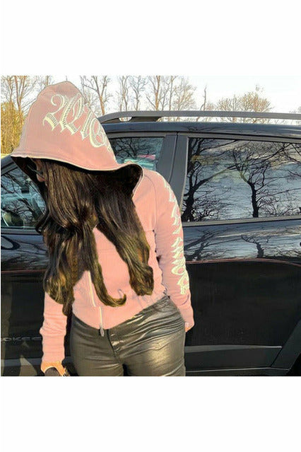 Zipper Letter Print Hooddies Casual