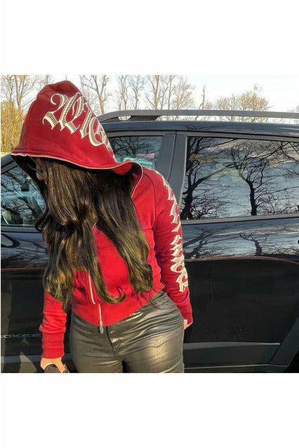 Zipper Letter Print Hooddies Casual