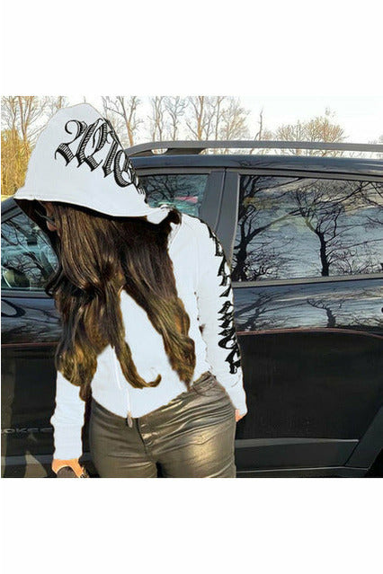 Zipper Letter Print Hooddies Casual