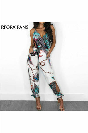 Womens Spaghetti Strap Mixed Print Slit Leg Jumpsuit Sexy  Sexy Jumpsuit