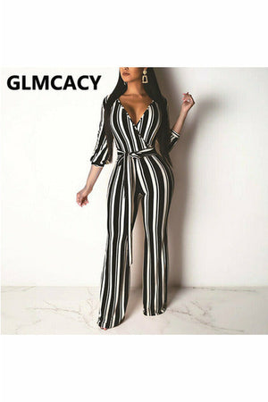 Women Plus Size Stripe Printed Wide Leg Bodycon Jumpsuit Plunge V-neck Belt Overall